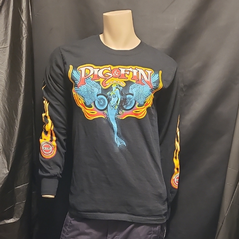 PIG & FIN Graphic MERMAID Tee Gildan Retro Motorcycle Style Long Sleeve